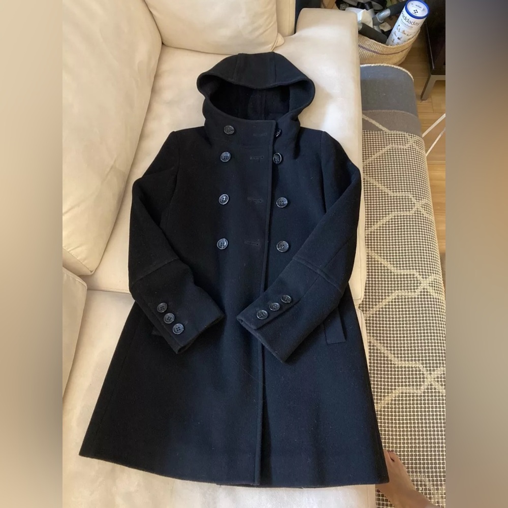 DKNY Black Wool Cashmere Double Breasted Coat with Hood